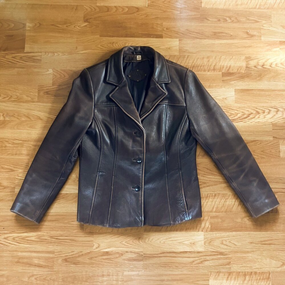 Wilsons Leather Brown Tailored Seam Distressed Pebbled Leather Blazer Jacket - Picture 9 of 10